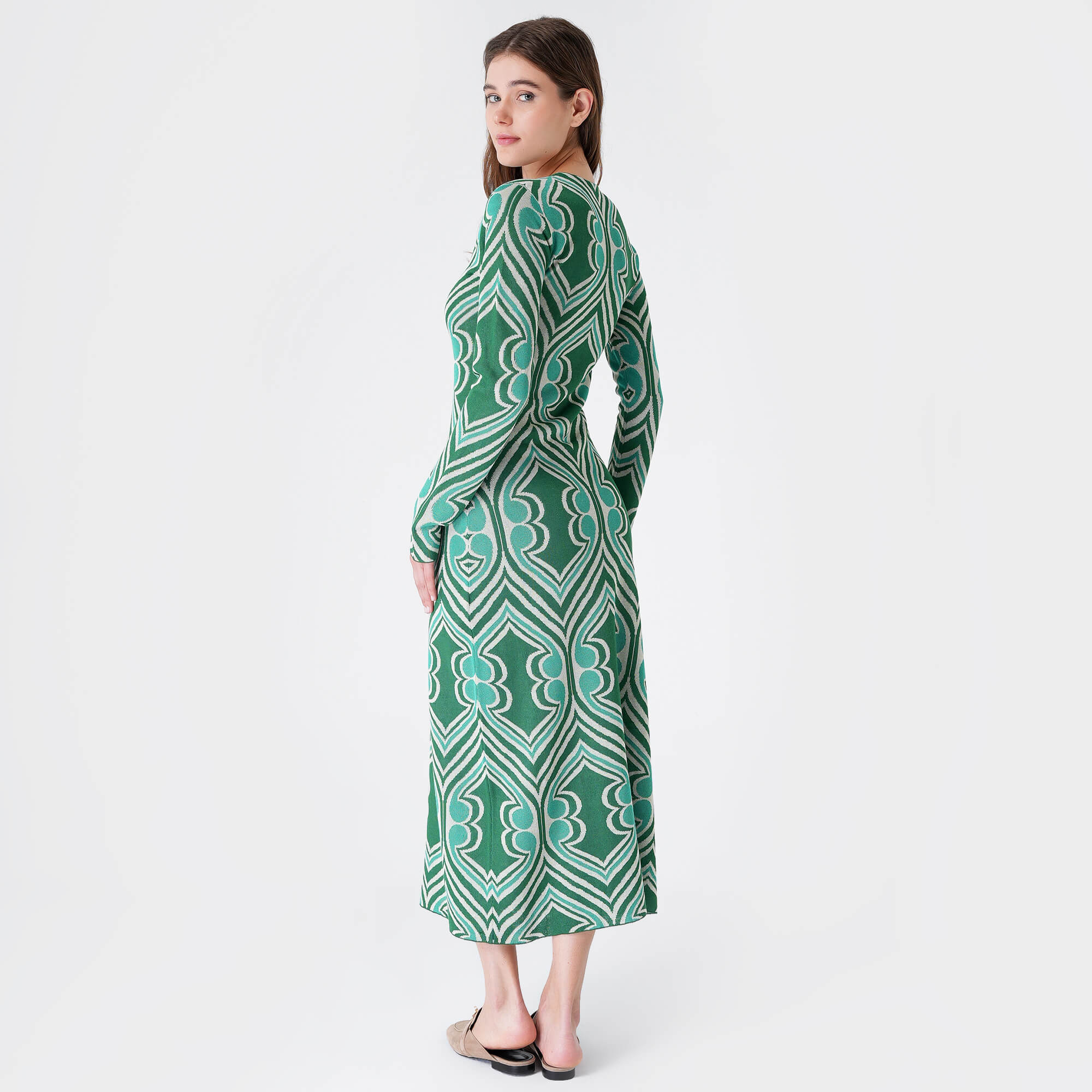 Etro - Green&White Viscose Knitted Kaftan Dress